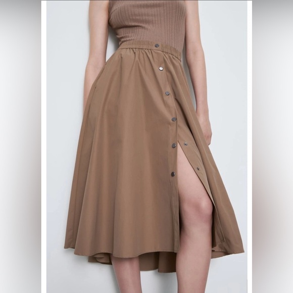 ZARA Tan Camel Khaki Button Down Elastic High-Waist Asymmetrical Midi Maxi Skirt - Picture 2 of 16